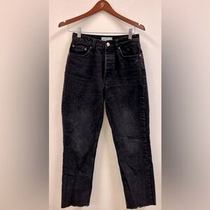 Zara Black Straight Leg Mom Jeans Raw Hem Size 4 Button Fly 100% Cotton